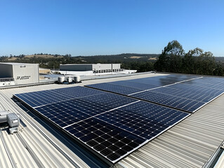 Rooftop solar panels harnessing renewable energy under a clear blue sky.
