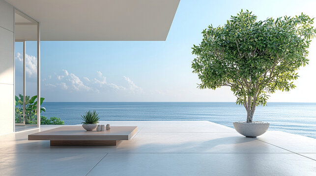 A modern beachfront terrace with plants overlooking a serene ocean view on a sunny day