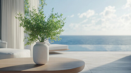 Bright and airy coastal living room with ocean view and green plant centerpiece in sunlight