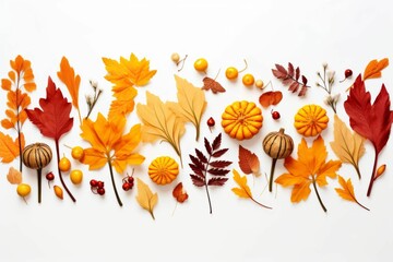 Autumn composition. Dried leaves, pumpkins, flowers, rowan berries on white background. Autumn, fall, halloween, thanksgiving day concept