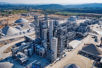 Aerial view of an expansive cement plant, showcasing detailed machinery, piles of gravel, and organized raw materials across the construction site, emphasizing the scale and productivity of the operat