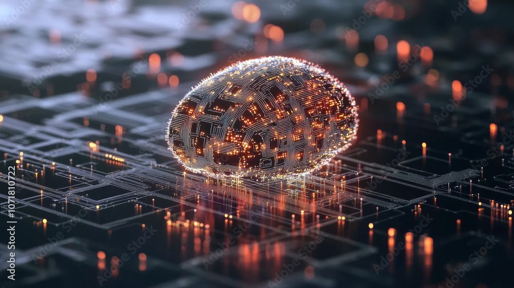 Poster a 3d image of a digital brain, showing its complex circuits and artificial intelligence technology.