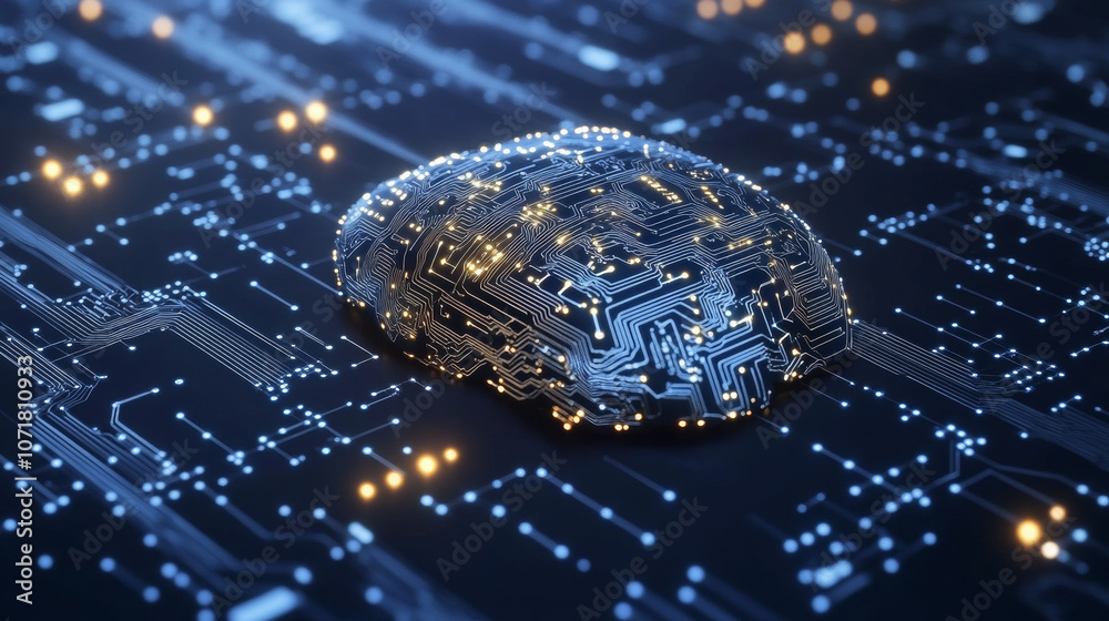 Poster a 3d image of a digital brain, showing its complex circuits and artificial intelligence technology.