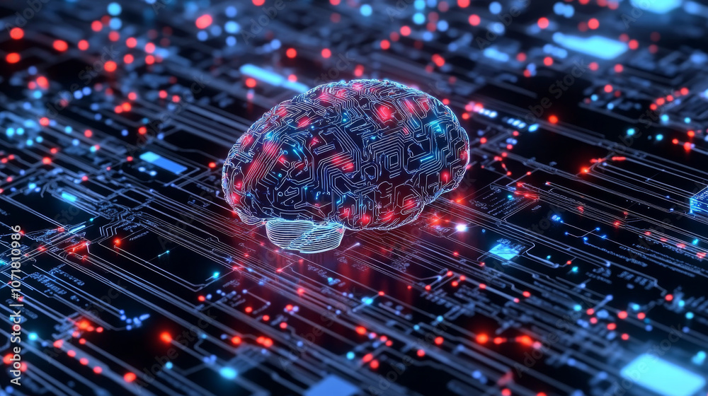 Poster a 3d image of a digital brain, showing its complex circuits and artificial intelligence technology.