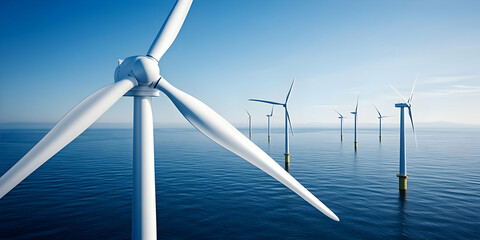 A series of wind turbines in the ocean harnessing renewable energy.