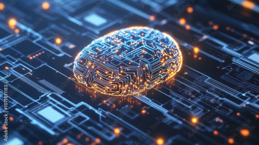 Poster a 3d image of a digital brain, showing its complex circuits and artificial intelligence technology.
