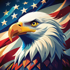 Fototapeta premium Bald eagle portrait illustration bold colors American flag background patriotic symbol