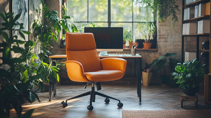 Fototapeta premium Cozy home office featuring an orange chair, a computer, and lush indoor plants on a sunny day