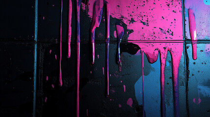 Fototapeta premium Vibrant pink paint dripping down a textured black wall in an urban art setting