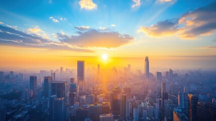 Fototapeta premium A stunning city skyline at sunset, showcasing vibrant colors and towering buildings.
