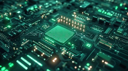 Fototapeta premium A close-up view of a circuit board with glowing components and intricate pathways.