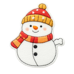 A cheerful snowman wearing a colorful hat and scarf, with a buttoned body and a friendly smile., isolated on a transparent background.