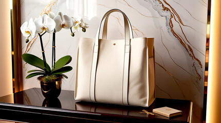 Mockup Luxurious Cream Canvas Tote Bag: Opulent Design with Orchid and Elegant Accents 7