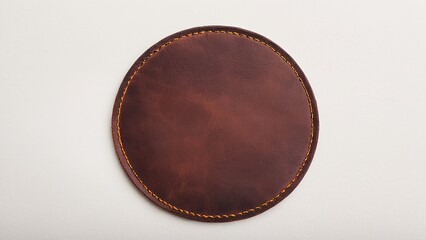 Isolated circular leather label mockup with orange stitching