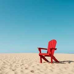 A red wooden chair placed on the beach against blue sky