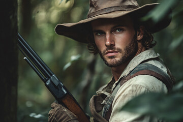 Fototapeta premium handsome young hunter with a gun in forest