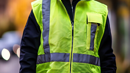 A bright green safety vest with reflective stripes and a zipper. This type of vest is worn by workers in traffic and other hazardous areas for safety.