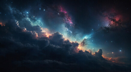 Fototapeta premium Dark space background with subtle bursts of colorful starlight and cosmic clouds