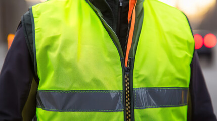 A bright green safety vest with reflective stripes and a zipper. This type of vest is worn by workers in traffic and other hazardous areas for safety.