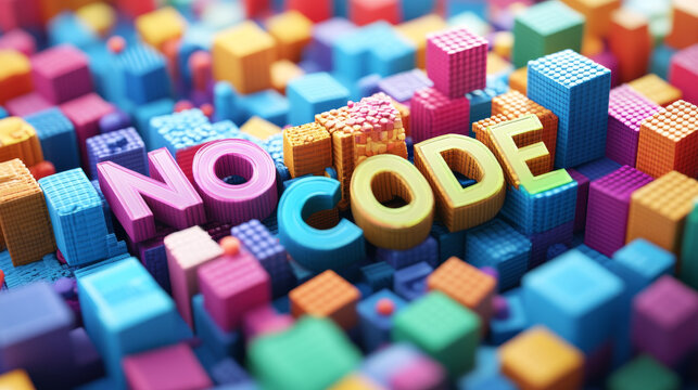 A bunch of colorful blocks spelling out "NO CODE" in a 3D picture.