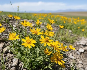 Obraz premium A vibrant field of yellow wildflowers blooms amidst rocky terrain under a clear blue sky, showcasing nature's beauty and resilience.