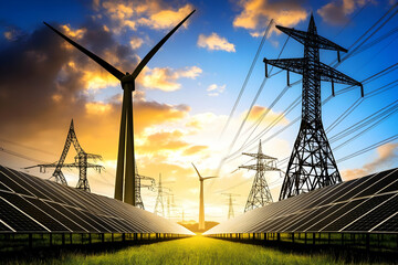 A landscape featuring wind turbines, solar panels, and power lines at sunset, emphasizing renewable energy.