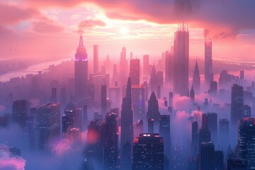 Fototapeta premium A vibrant city skyline at sunset, enveloped in mist and glowing colors.