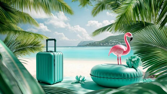 A turquoise suitcase sits on a white sandy beach with a pink flamingo on a blue floatie in the foreground