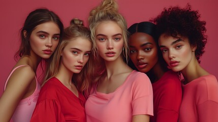 Obraz premium Group of diverse young women posing together against a vibrant pink background, highlighting beauty, friendship, and fashion expressions