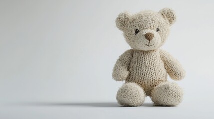 Obraz premium Adorable Handcrafted Teddy Bear Sitting Solo on a Clean White Background Perfect for Childhood Memories and Warm Nostalgia in Stock Photography