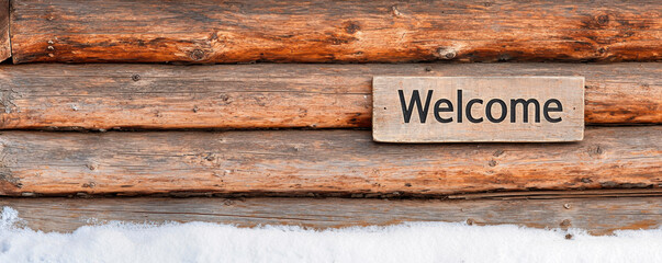 Welcome sign on rustic wooden wall, inviting and warm atmosphere