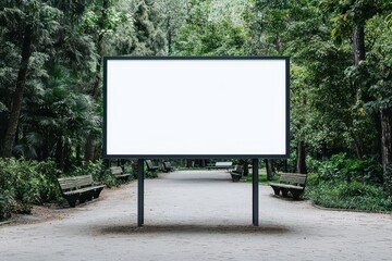 Fototapeta premium A blank billboard in a serene, green park setting, surrounded by trees and empty benches on a quiet pathway.