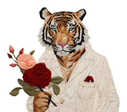 PNG Simple tiger wear cloth holding roses embroidery pattern animal.