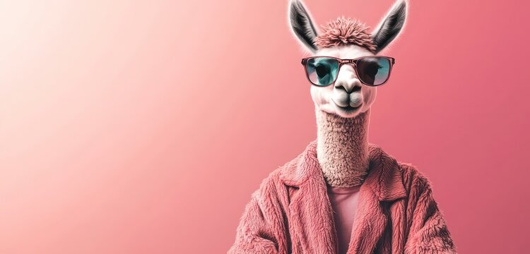 An elegantly posed llama or alpaca in stylish clothes with a banner for text.