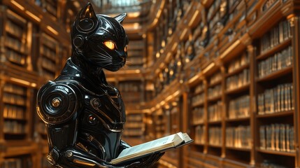 Fototapeta premium A black robotic cat reading a book in a library.