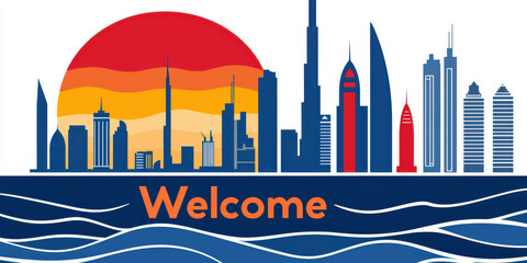 Obraz premium Colorful skyline with sunset and Welcome text, vibrant design