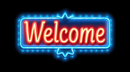 Bright neon welcome sign with glowing blue and red lights