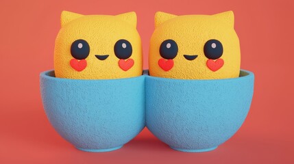 Cute 3D Rendered Couple of Yellow Emojis in Love  Holding Hearts  in Blue Bowls