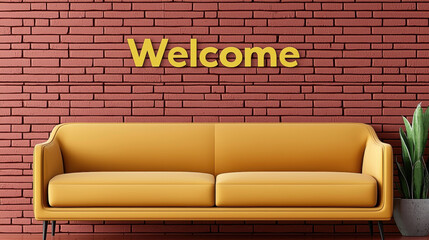 bright yellow sofa against red brick wall with welcome sign
