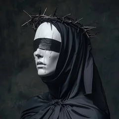Woman in a black latex nun outfit with a white skin © Oleksandr