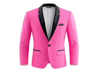 a pink suit with black trim