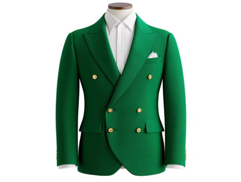 a green suit with gold buttons