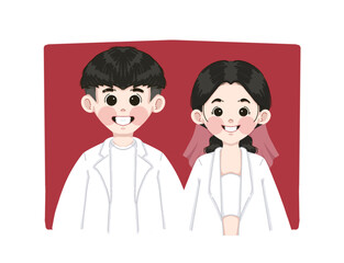 Obraz premium Charming cartoon of a smiling bride and groom on a red background. The groom wears a white suit, and the bride is in a gown with a veil. Ideal for wedding and celebration designs