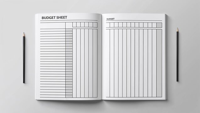Empty budget sheet template open on a notebook with a pencil on a light background