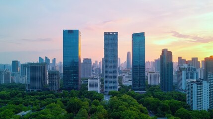 Fototapeta premium A vibrant city skyline at sunset, featuring sleek skyscrapers amidst lush green spaces.