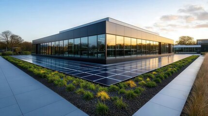 Obraz premium A modern building featuring large glass windows and a solar panel-covered roof, surrounded by lush landscaping and a pathway.