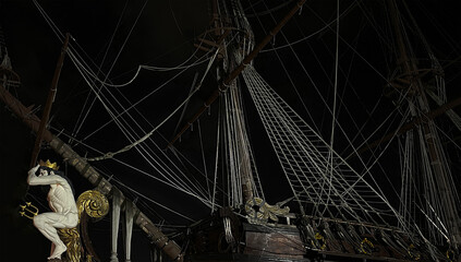 Spanish replica of galleon warship in port of Genoa city.