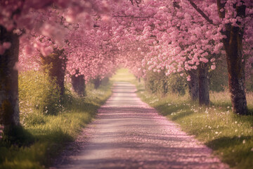 Enchanting Cherry Blossom Lane with Pink Petals and Serene Spring Vibe. Dreamy Cherry Blossom Road