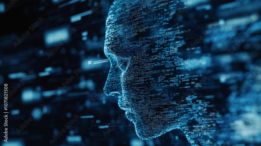 Poster a computer screen shows code and a distorted human head, representing the idea of artificial intelli