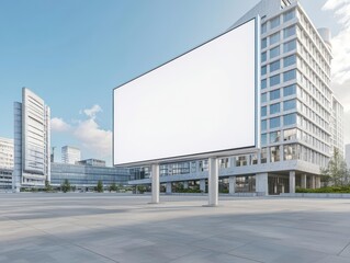 Obraz premium A large blank billboard stands in an open urban space surrounded by modern buildings under a clear blue sky.